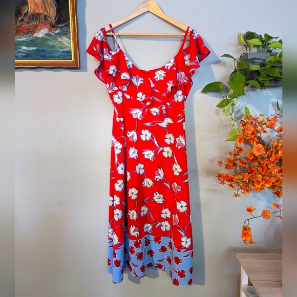 Roz & Ali Red Floral Midi Cold Shoulder Dress Size 16 - Picture 1 of 9